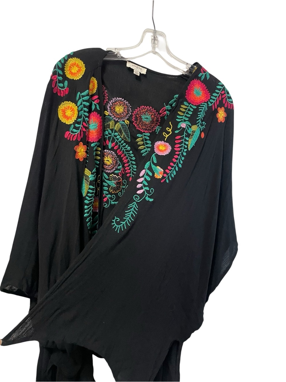 Women’s UMGEE Kimono Top Floral Embroidered black bold multi color  M/L boho - Picture 3 of 14